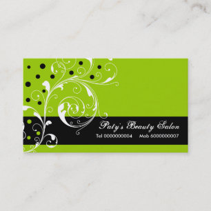 Beauty Salon floral scroll leaf black, lime green Business Card