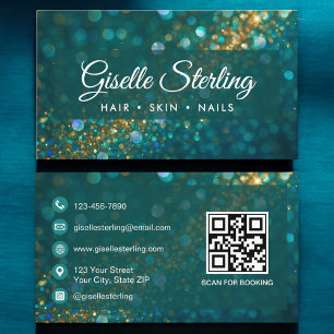 Beauty Salon Gold Glitter Teal QR Code Business Card