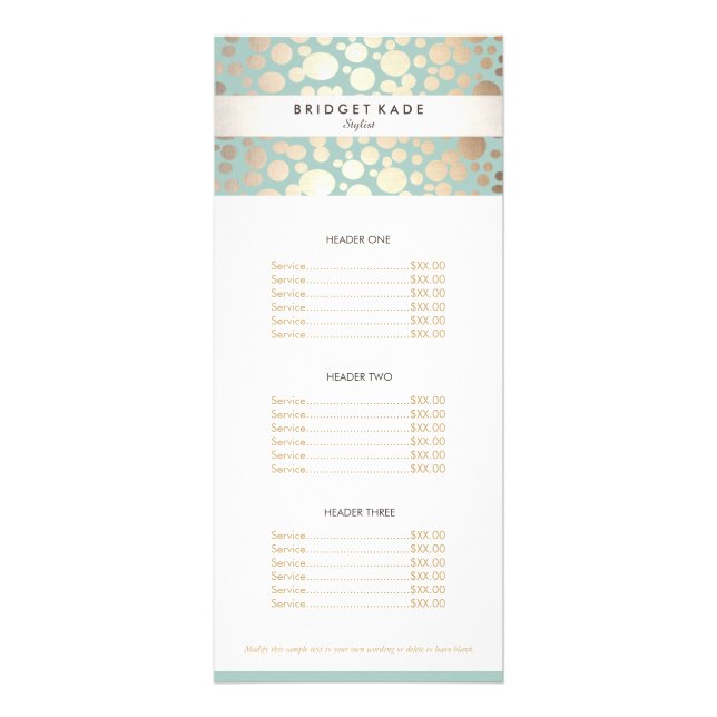 Beauty Salon Gold Turquoise Spotted Pattern Menu (Front)