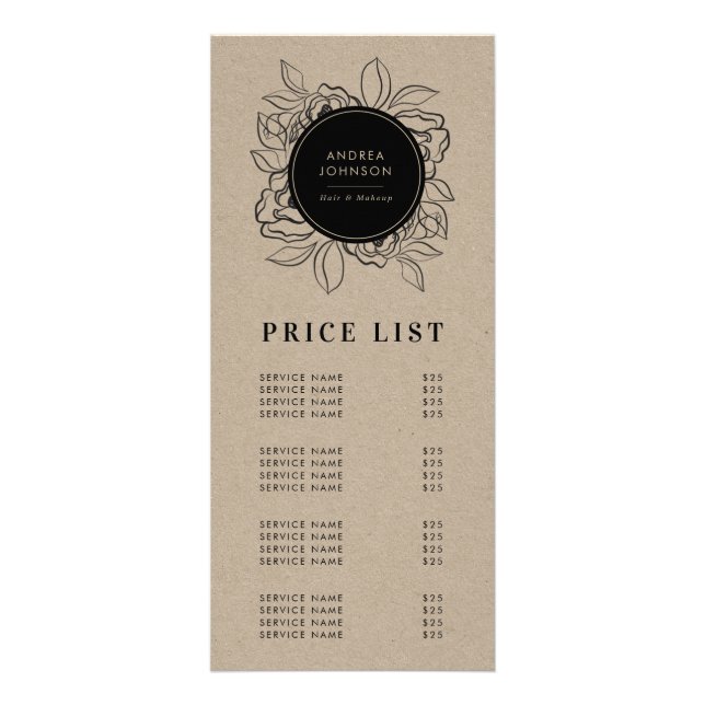 Beauty Salon Hair Makeup Kraft Price List Service  Rack Card (Front)