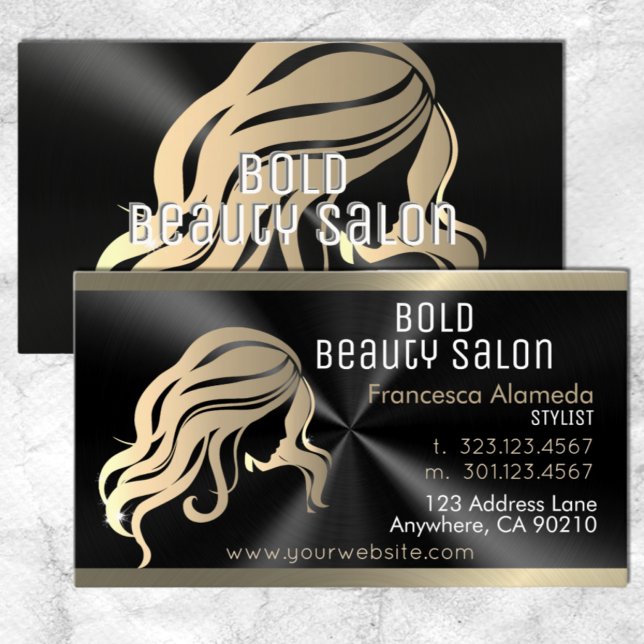 Beauty Salon Hair Stylist Brushed Black + Gold Business Card (Creator Uploaded)