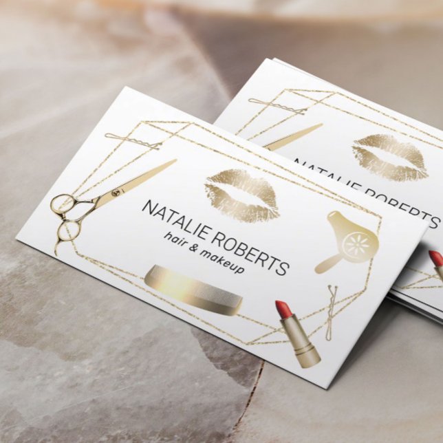 Beauty Salon Hair Stylist Geometric Gold Frame Business Card (Creator Uploaded)