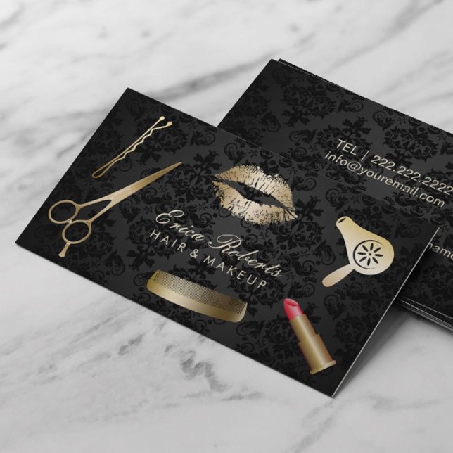 Beauty Salon Makeup & Hair Stylist Elegant Damask Business Card (Creator Uploaded)