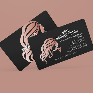 Beauty Salon Metallic Rose Gold Hair Stylist Black Business Card