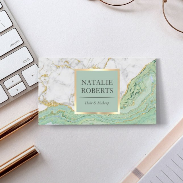 Beauty Salon Mint & Gold Agate Modern Marble Business Card (Creator Uploaded)
