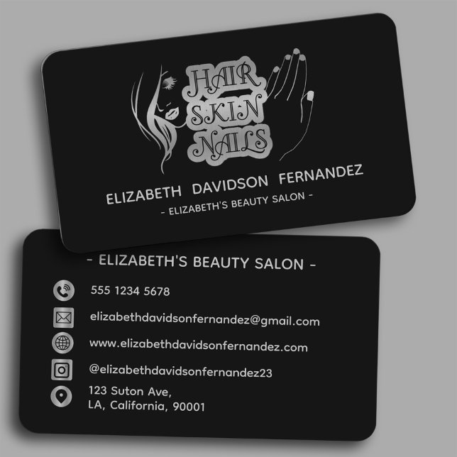 Beauty Salon Modern Silver Logo Social Media Black Business Card (Creator Uploaded)