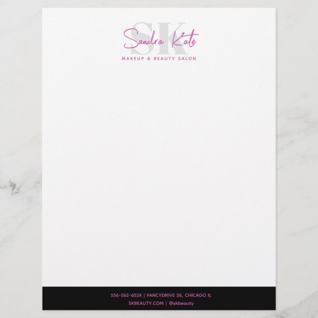 Beauty Salon Monogram Custom Logo Black Pink White Custom Letterhead (Front)