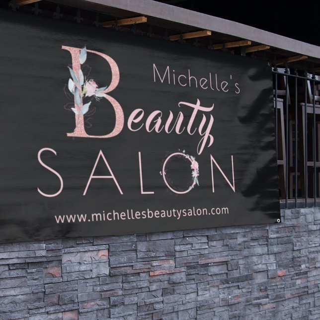 Beauty salon name pink floral glitter glam black banner (Creator Uploaded)