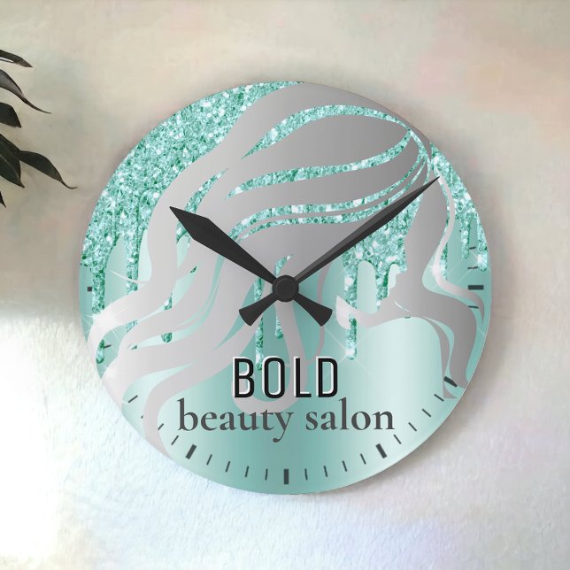 Beauty Salon Name Silver + Aqua Blue Glitter Drips Round Clock (Creator Uploaded)