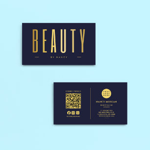 Beauty Salon Navy And Gold QR Code & Logo Business Card