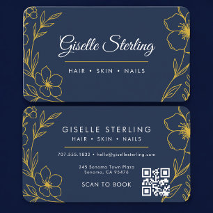 Beauty Salon Navy Blue Gold QR Code Professional Business Card