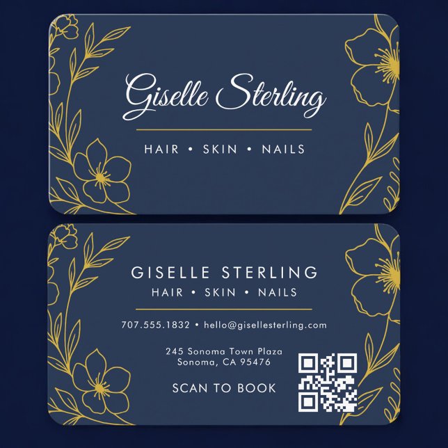 Beauty Salon Navy Blue Gold QR Code Professional Business Card (Creator Uploaded)