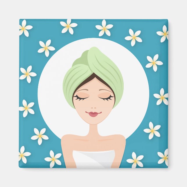 Beauty salon or spa woman wrapped towel teal blue magnet (Front)