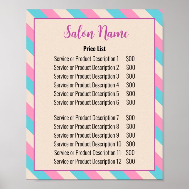 Beauty Salon Pink Beige Blue Striped Price List Poster (Front)
