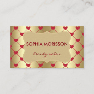 Beauty Salon Red Hearts&Golden Monogram Business Card
