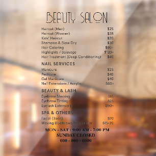 Beauty salon service fee list