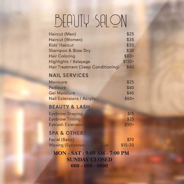 Beauty salon service fee list (Sheet 2)