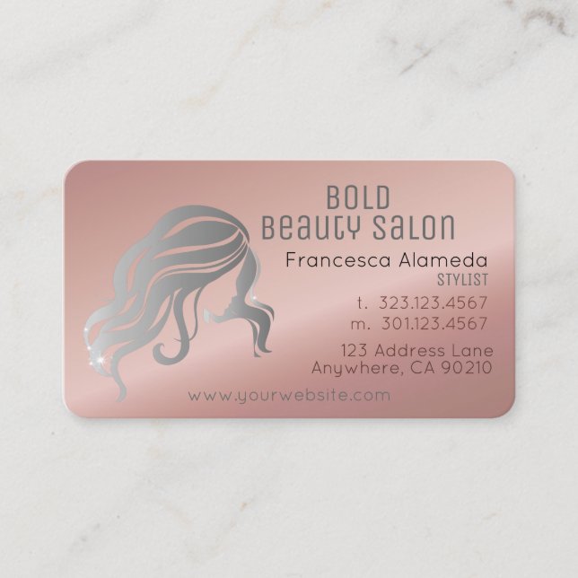 Beauty Salon Stylist Metallic Rose Gold + Silver Business Card (Front)