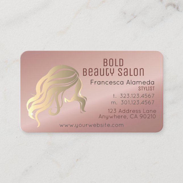 Beauty Salon Stylist Metallic Rose Gold Template Business Card (Front)