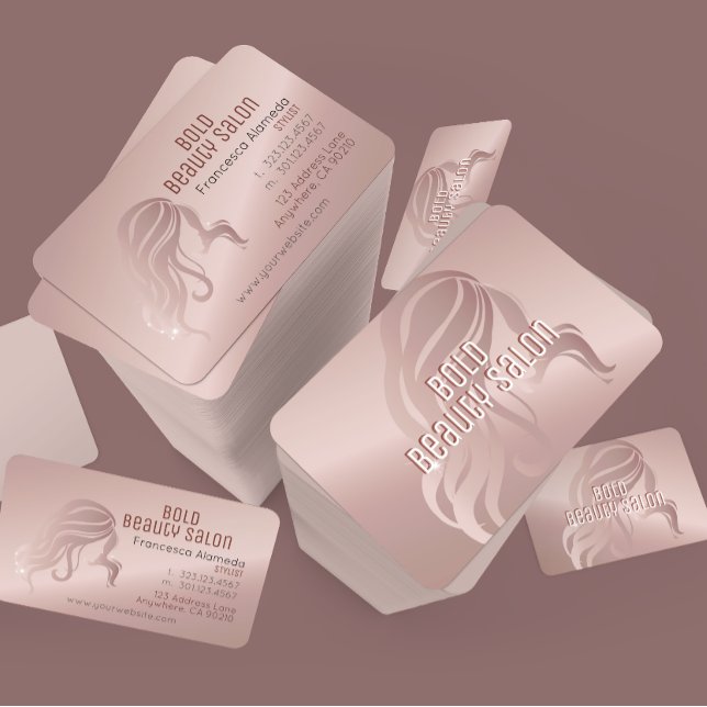 Beauty Salon Stylist Metallic Rose Gold Template Business Card (Creator Uploaded)