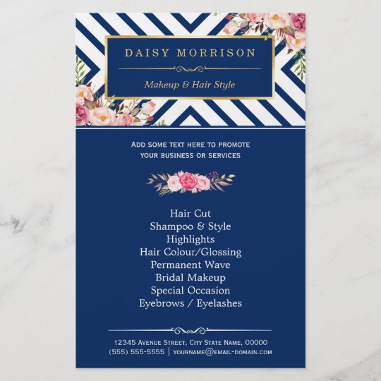 Beauty Salon Vintage Floral Navy Blue Stripes Flyer