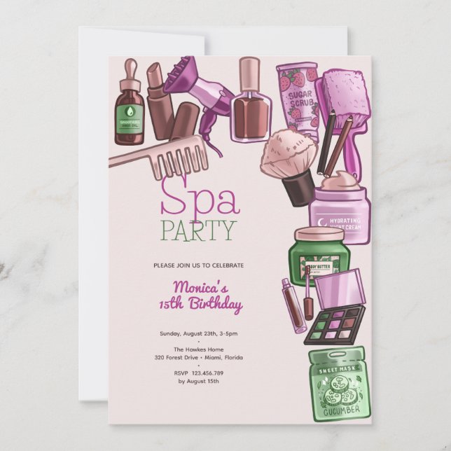 Beauty spa birthday party invitation (Front)