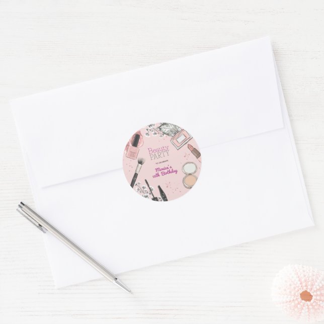 Beauty spa girly dusty rose birthday party classic round sticker (Envelope)