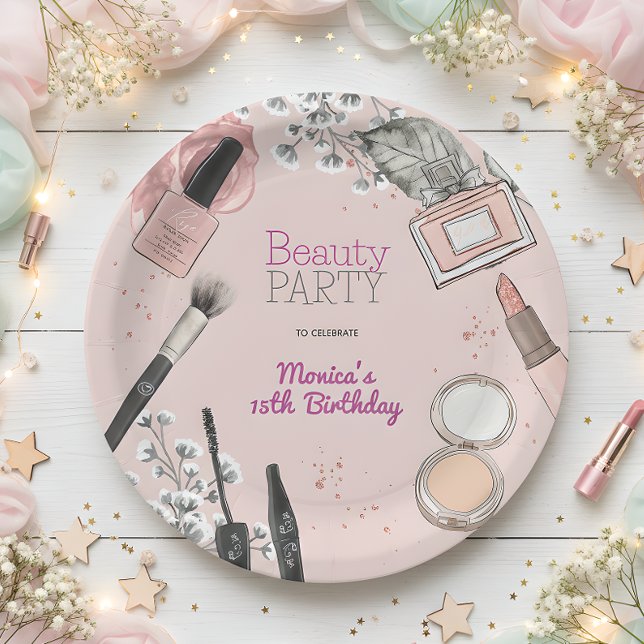 Beauty spa girly dusty rose birthday party paper plate (Creator Uploaded)