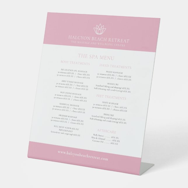 Beauty spa price list pink white lotus logo pedestal sign (Front)