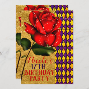 Beauty & The Beast Red Sparkle Rose Birthday Party Invitation