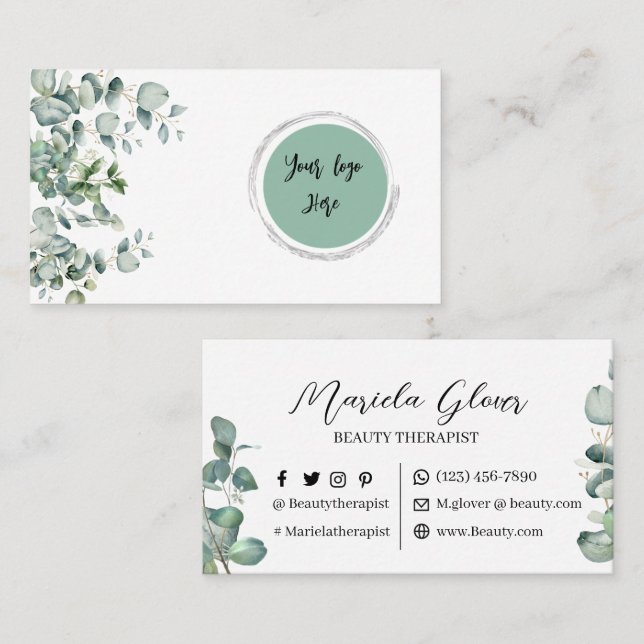 Beauty therapist watercolor eucalyptus business card (Front/Back)
