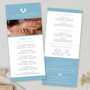 Beauty treatment price list teal massage logo rack card