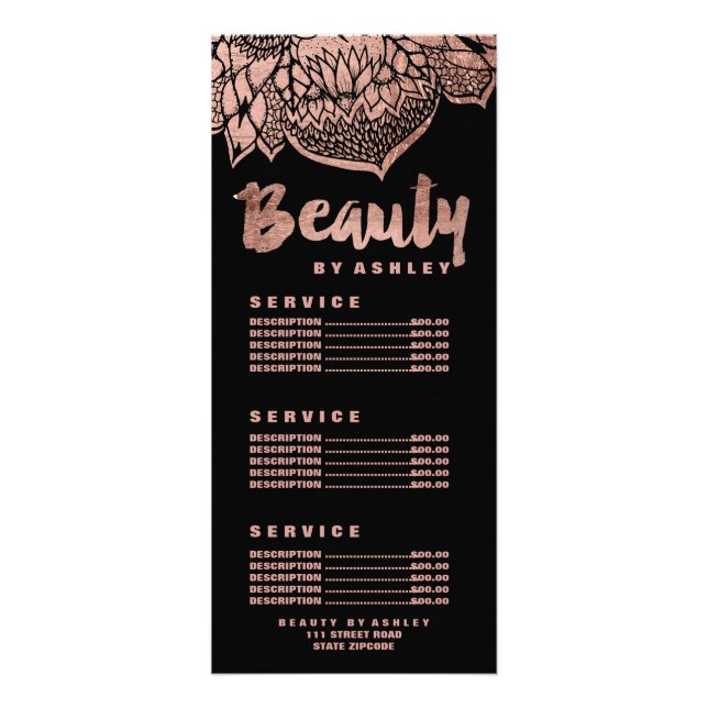 Beauty typography rose gold mandala price list rack card (Front)