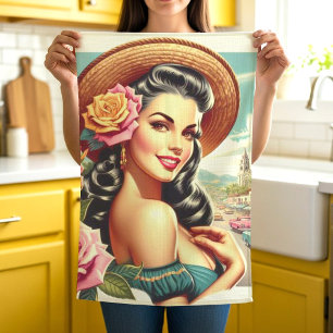 Beauty Vintage Woman Illustration Tea Towel