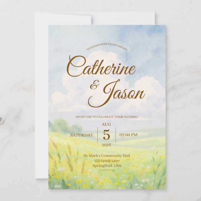 Beauty Watercolor Hill and Sky Wedding Invitation (Back)