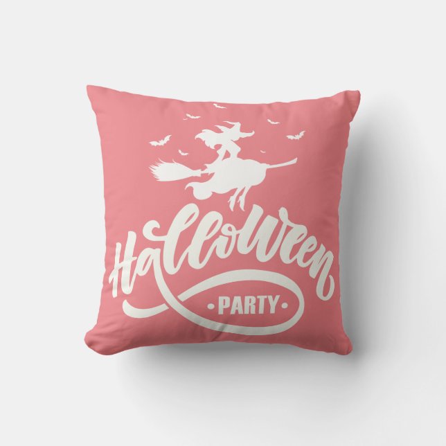Beauty Witch Flying Broom Halloween Typography Cushion (Front)