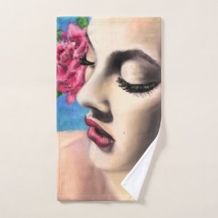 Beauty Woman with Red Rose Bath Towel Set