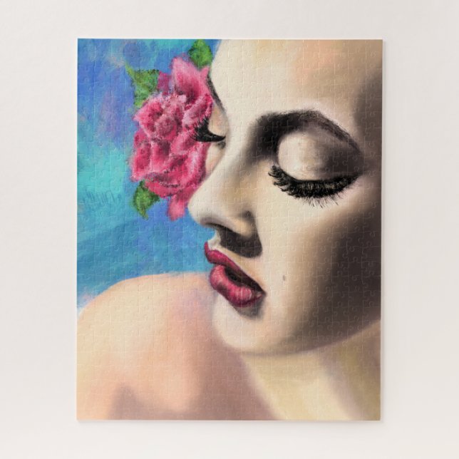 Beauty Woman with Red Rose - Original Painting Art Jigsaw Puzzle (Vertical)