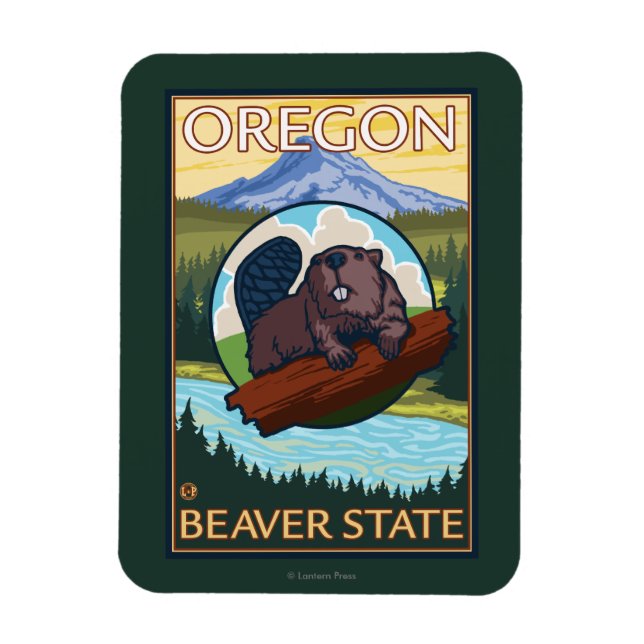 Beaver and Mount Hood Scene Vintage Travel Magnet (Vertical)