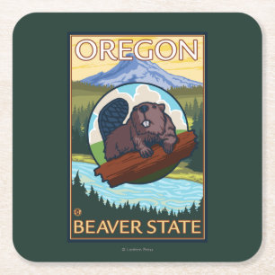 Beaver and Mount Hood Scene Vintage Travel Square Paper Coaster
