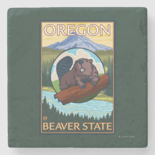 Beaver and Mount Hood Scene Vintage Travel Stone Coaster