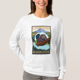 Beaver and Mount Hood Scene Vintage Travel T-Shirt
