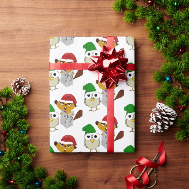 Beaver and Owl with Christmas hat Wrapping Paper (Holiday Gift)