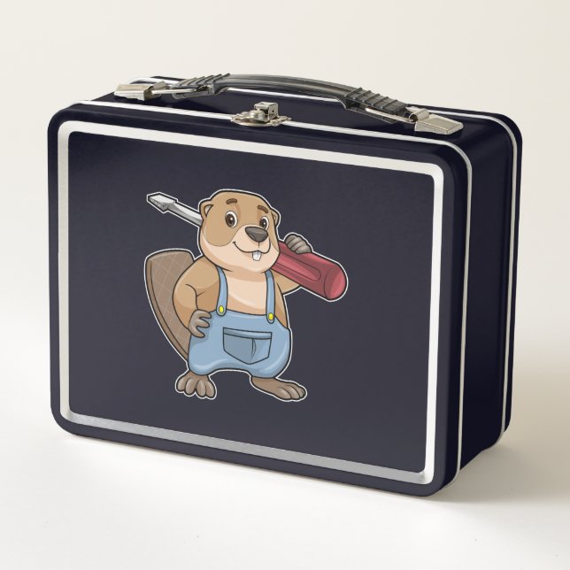 Beaver as Craftsman with Wrench Metal Lunch Box (Front)