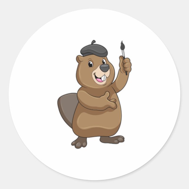 Beaver as Painter with Paint brush Classic Round Sticker (Front)