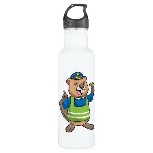 Beaver as Police officer with Whistle 710 Ml Water Bottle (Front)