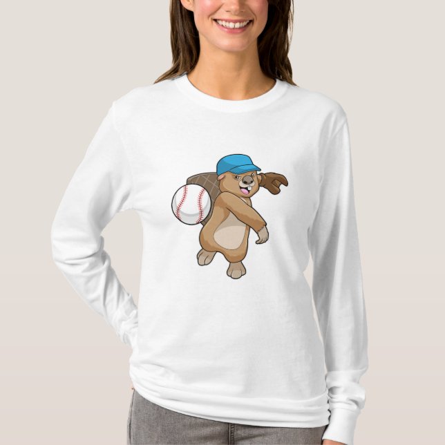 Beaver at Baseball Sports with Cap T-Shirt (Front)