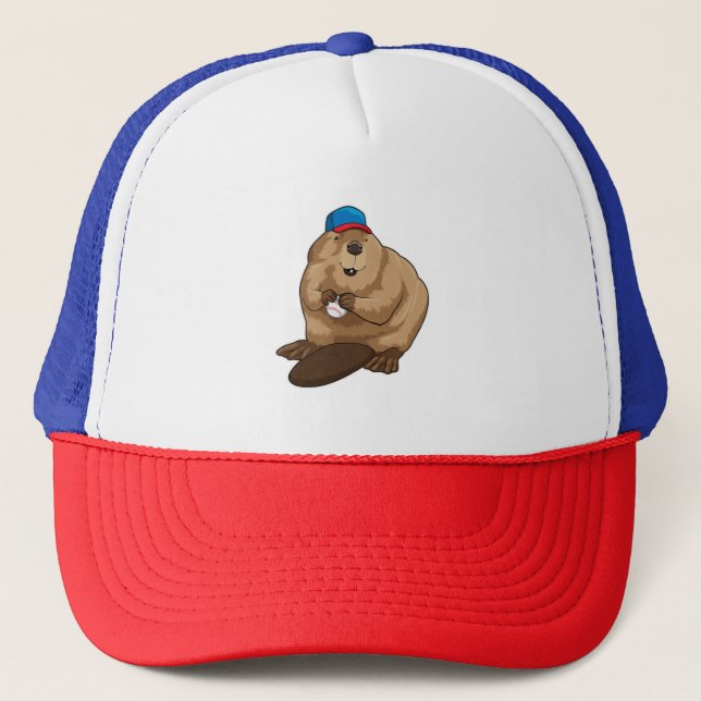 Beaver at Baseball with Baseball ball Trucker Hat (Front)