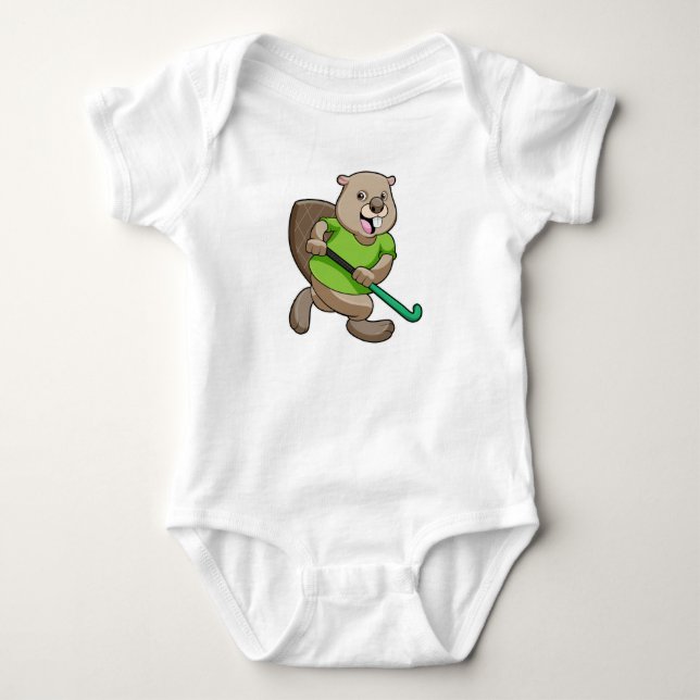 Beaver at Hockey with Hockey bat Baby Bodysuit (Front)