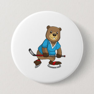 Beaver at Ice hockey with Ice hockey stick 7.5 Cm Round Badge